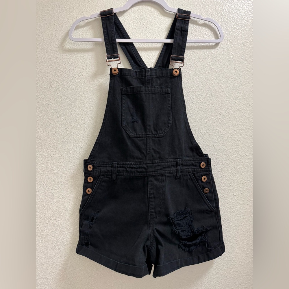 Forever 21 Jean Overall Shorts Distressed Denim Cotton Pockets Black Size 25